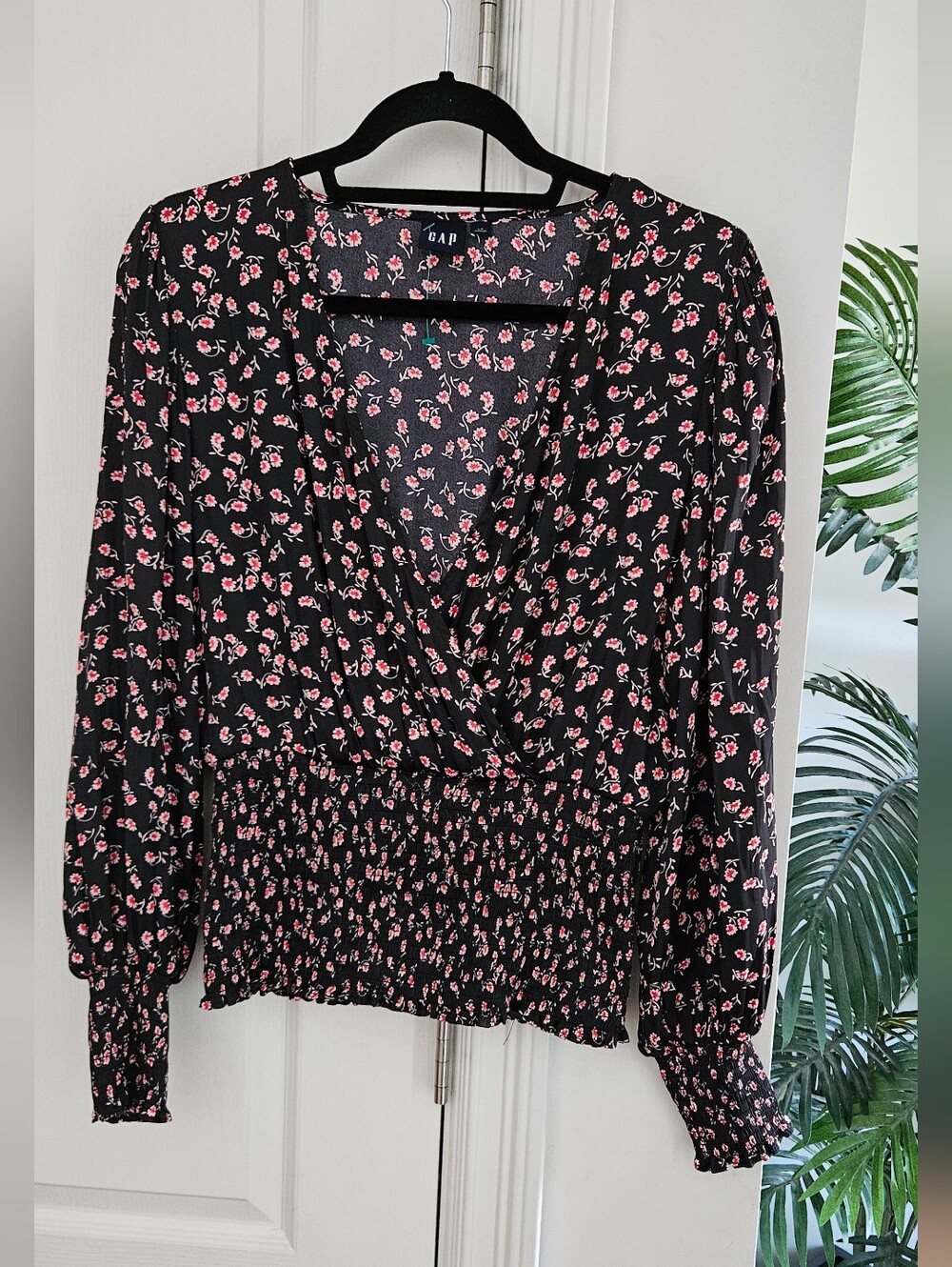 Gap Black Long-Sleeve Floral Wrap Blouse - Pink Rose Print